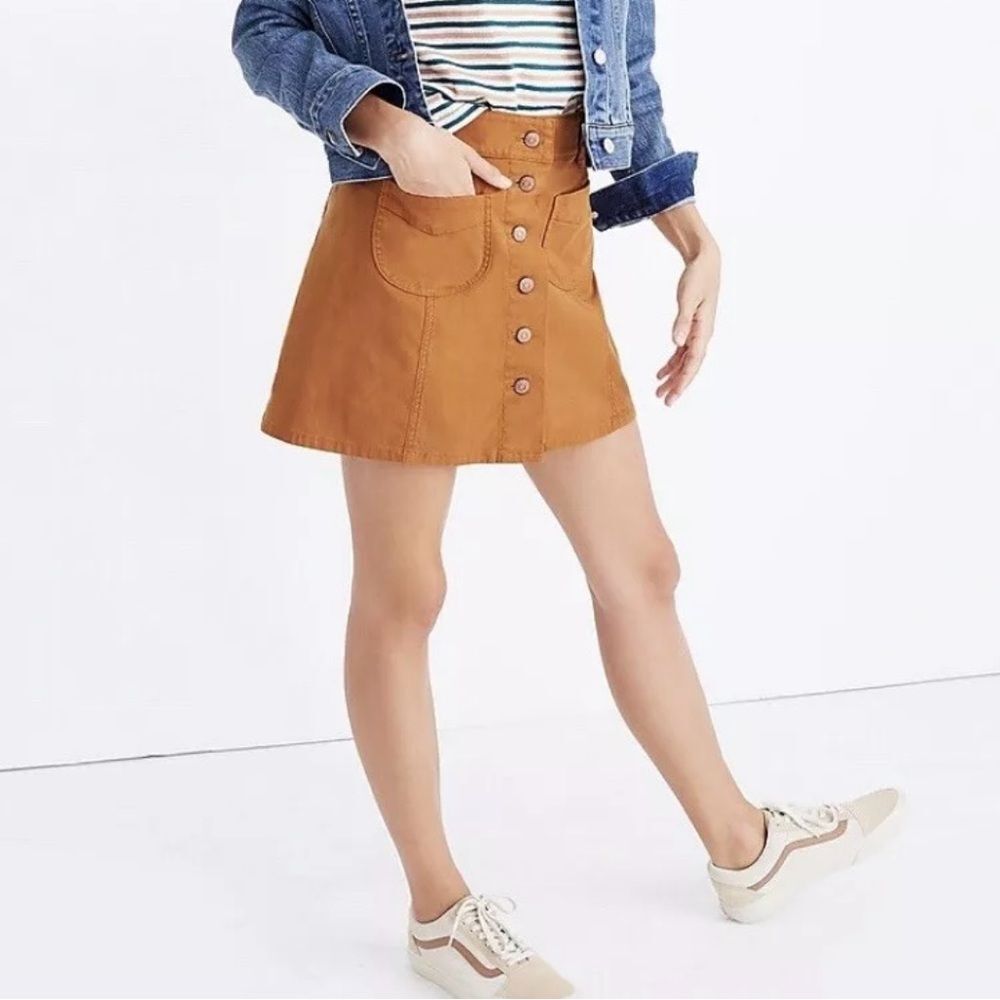 MADEWELL A-Line Patch Pocket Mini Skirt Button Front Burnt Orange Size 0